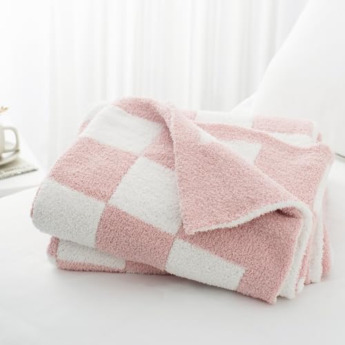 Carriediosa Checkered Throw Blanket 50" X 60", 400GSM Ultra Soft Microfiber Fuzzy Fluffy Reversible Cute Preppy Knitted Blankets Cozy Plush Fall Throws for Couch, Bed, Sofa, Dusty Pink - color: Check - Dusty Pink, size: 50" X 60"
