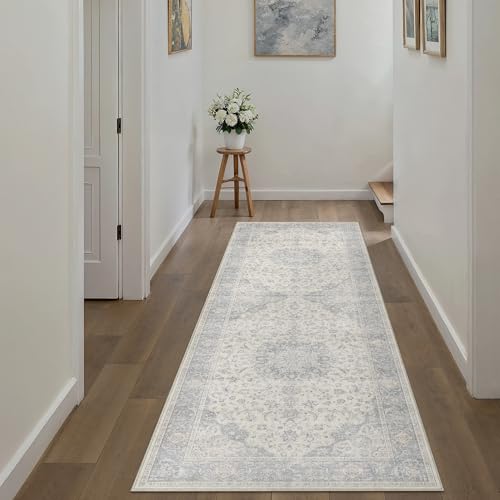 PureCozy 2x6 Runner Rug Washable Neutral Gray Vintage Hallway Kitchen Carpet Non Slip Low Pile Soft Floral Indoor Long Grey Throw Rug for Bedroom Bathroom Laundry Living Room - color: Vintage | Gray, size: 2' x 6' (Runner)