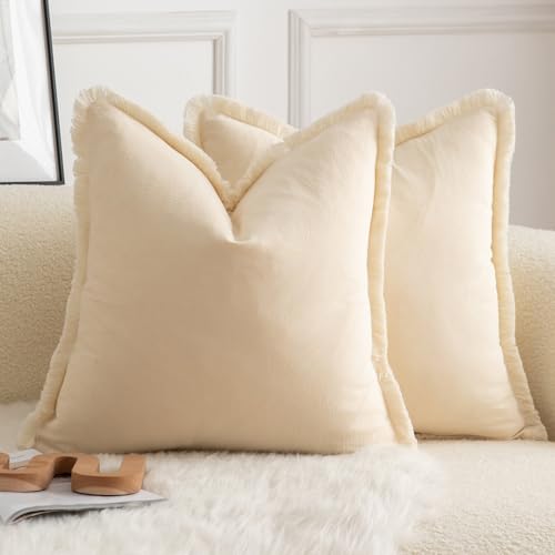 MANDIOO Set of 2 Neutral Cotton Fringe Throw Pillow Covers Decorative Boho Farmhouse Cushion Covers Cozy Tassels Pillowcase for Couch Sofa Bedroom Living Room Home Decor 24x24 Inch Beige - color: Beige, size: 24" x 24" (Pack of 2)