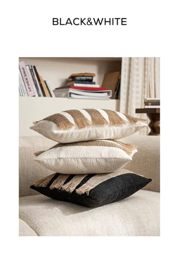 MOCOFO Handwoven Jute Cotton Striped Pillow Covers, Wabi Sabi Boho Farmhouse Decorative Throw Cushion Cover with Fringe(Cover Only) (White/Natural, 12x20) - color: White/Natural, size: 20" x 12" (Pack of 1)