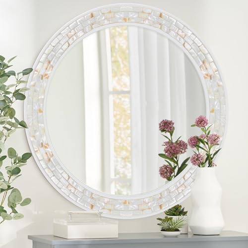 Tanmicoshomy Round Bathroom Mirror 28 Inch,Circle Mosaic Wall Mirrors with Natural Shell Frame, Decorative Coastal Mirrors for Bathroom Bedroom Living Room or Entrayway - color: White, size: 28"L x 28"W