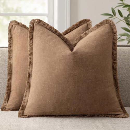 ANRODUO Set of 2 Decorative Throw Pillow Covers 18×18 Inch Soft Linen Fringe Farmhouse Boho Vintage Cushion Covers with Tassels Accent Pillowcase for Couch Sofa Bed Living Room Summer Home Decor Brick - color: Brick, size: 18" x 18" (Pack of 2)