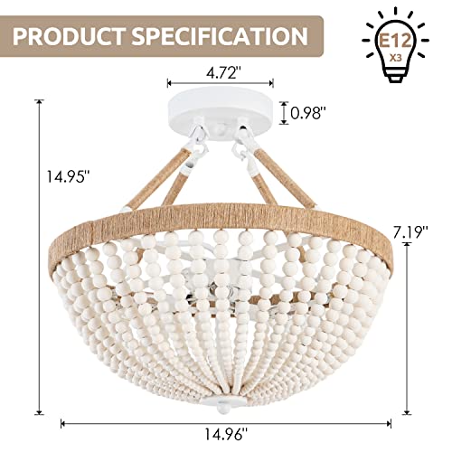 Wood Beaded Mini Chandelier Farmhouse Bohemia Semi Flush Mount Ceiling Light Rustic 3-Light Ceiling Lighting Fixtures for Bedroom Dining Nursery Room Girl Room Hallway, White, Dia 15 Inch