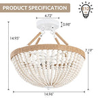 Wood Beaded Mini Chandelier Farmhouse Bohemia Semi Flush Mount Ceiling Light Rustic 3-Light Ceiling Lighting Fixtures for Bedroom Dining Nursery Room Girl Room Hallway, White, Dia 15 Inch