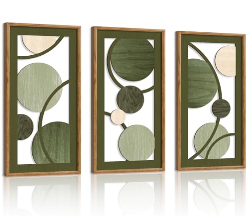 KAIRNE Boho Sage Green Wooden Wall Art,3 pieces Abstract Modern Wall Sculptures,Rustic Geometric Framed Hanging Decor,Minimalist Mid Century Wall Decor for Living Room Bedroom Farmhouse 8X16 inch - color: Boho Sage Green Wooden, size: 8"L x 16"W