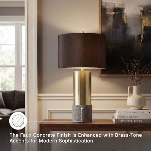 Signature Design by Ashley Jacek Contemporary Table Lamp, 2 Count, 3 Way Switch, Metal, Poly Resin and Drum Shade, 15" W x 15" D x 27.25" H, Gray & Brass Finish - color: Gold