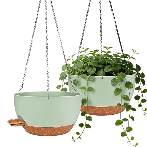 12 Inch Self Watering Hanging Planters 2 Pack, Indoor Outdoor Hanging Pots for Plants with Drainage Holes & Saucers, Green Brown Plastic Hanging Baskets for Kitchen Balcony Garden - color: Green Brown