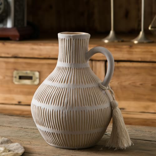 Mowtanco Rustic Ceramic Vase for Home Decor, Farmhouse Decorative Vases for Pampas Grass, Terracotta Vase with Tassel Design, Handle Flower Vase, Clay Vase for Living Room Decoration, 8 inch Tall - color: Gray - Round
