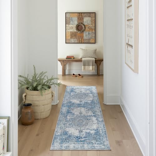 jinchan Runner Rug 2x5 Washable Hallway Rug Vintage Distressed Runner Indoor Thin Traditional Floral Mat Lightweight Non Slip Carpet for Kitchen Bathroom Laundry Room Bedroom Living Room Blue - color: Vintage Blue, size: 2' x 5' (Runner)