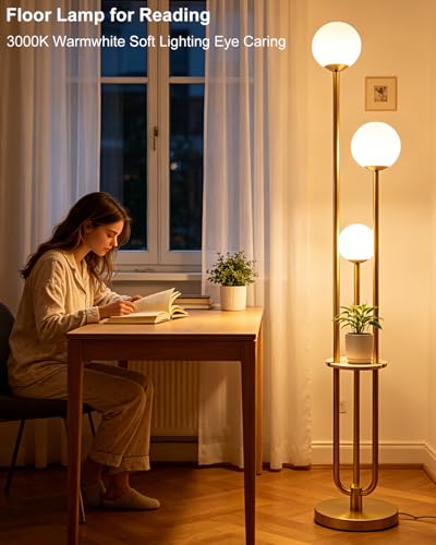 63IN Dimmable Floor Lamp with Shelf, Unique Globe Gold Tall Standing Lamps, 3000K Warmwhite Mid Century Modern Floor Lamp with 5Lbs Heavy Base for Living Room Home Office(Bulbs Included) - color: 3 Globe-Gold Shelf