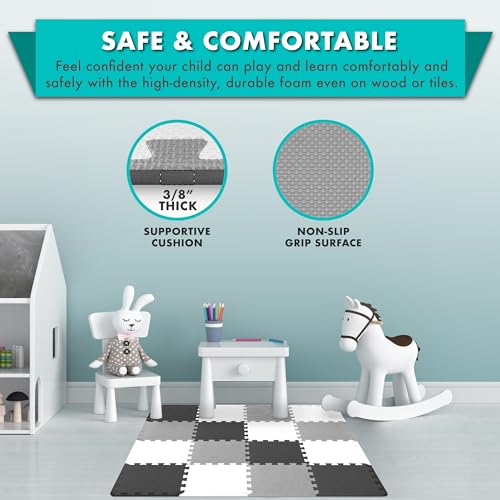 ProSource Baby Play Mat, Soft Foam Floor Tiles for Kids, Interlocking EVA Panels for Playpen Use, Crawling Development Surface, Safe Non-Toxic Toddler Flooring, 16 Tiles, Black/Gray/White - color: Black/Gray/White, size: 16 Tiles