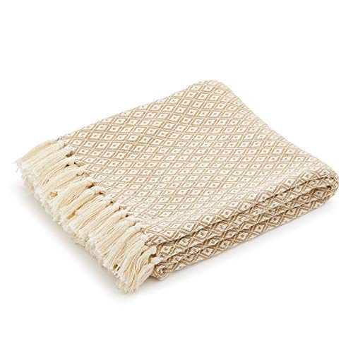 Americanflat 50x60 Throw Blanket - Soft and Breathable Cotton Throw Blanket for Couch, Bed, Chair - Decorative Blankets Perfect for Home, Office, or Outdoor Use - Khaki and White Mini Diamond Design - color: Omala Camel and White Mini Diamond