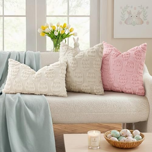 decorUhome Easter Beige Egg Pillow Covers 16x16 Inch Set of 2, Soft Plush Faux Wool Jacquard Cushion Covers, Farmhouse Neutral Fuzzy Spring Easter Holiday Decor for Couch Sofa Bed - color: Eggs Beige, size: 16" x 16" (Pack of 2)