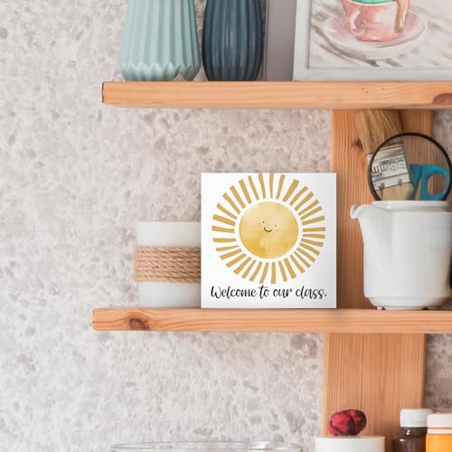 Boho Classroom Sunshine Wood Box Sign Desk Decor 5X5, Pop Smiles Rustic Welcome To Our Calss Wooden Sign Decorations for School Classroom Library Reading Nook Corner Wall Tabletop Shelf Decor - color: Colour 04, size: 5X5