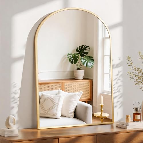 Sweetcrispy 38"x30" Arched Gold Bathroom Mirrors for Wall, Bathroom Mirrors for Over Sink, Metal Framed with HD Shatter-Proof Glass for Entryway, Living Room, Bedroom, Home Decor - color: Gold, size: 30"L x 38"W