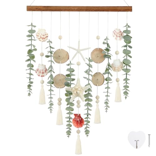 Boho Coastal Wall Decor, Artificial Eucalyptus Beach Wall Hanging with Seashell & Starfish, Rustic Carbonized Wood Stick Ornament for Bathroom Bedroom Living Room Kitchen Dining Home Decoration - color: Advanced Carbonized Wood-ocean Series