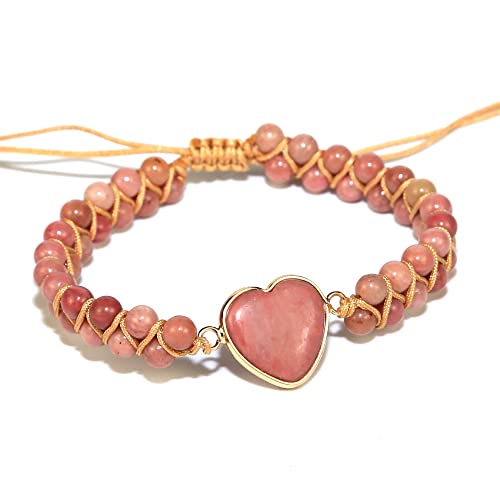 Women Boho Wrap Bracelet,Handmade Natural Stone Crystal Emperor Beads Heart Bracelet, Fashion Bohemian Jewelry Gift for Women - color: Rhodochrosite #2
