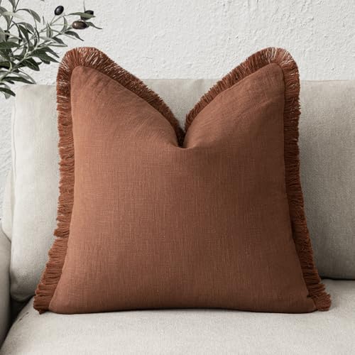Foindtower Decorative Linen Fringe Throw Pillow Covers Boho Farmhouse Cushion Cover with Tassels Soft Accent Pillowcase for Chair Sofa Bed Living Room Home Decor, 16×16 Inch, 1PC,Fall Rust Orange - color: Late Autumn, size: 16" x 16" (Pack of 1)