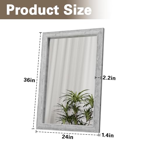 ULIKE Wood Mirror for Bathroom, Farmhouse Mirror with Rustic Frame, 24x36 Inch White Vanity Mirrors for Wall Decor of Bedroom or Living Room, Vertical or Horizontal Hanging, Rectangle - color: Antique White