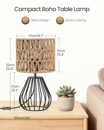 Rattan Table Lamp, Boho Table Lamp, Small Bedside Lamp, Handwoven Paper Lampshade, 2700K LED Bulb Included, Boho Desk Lamp, Modern Nightstand Lamp for Bedroom, Living Room, HW06TL05 - color: Mesh + Black
