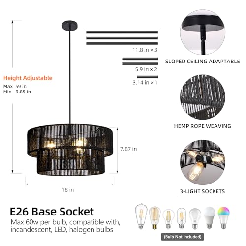 Black Boho Rattan Chandelier 18'' Hand Woven Chandelier Light Fixture 3-Light Farmhouse Drum Pendant Light for Dining Room Bedroom Kitchen Hallway Foyer - color: 18" Black Rattan