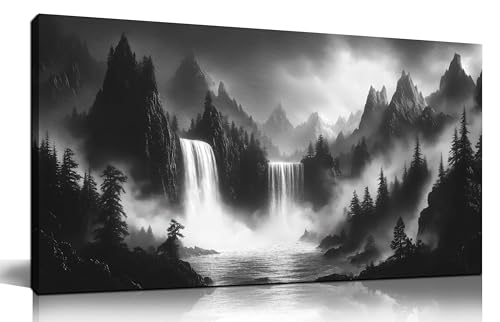 HUBOSKN Mountain Wall Pictures for Living Room Decor - Black and White Wall Art Bedroom - Waterfall Canvas Wall Art for Office Size 20" x 40" - color: Black and White, size: 40"L x 20"W