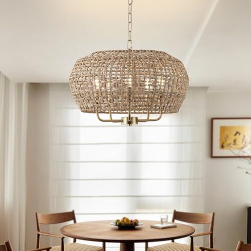 20" Boho Rattan Chandelier for Dining Room,5-Light Hand-Woven Natural Rattan Ceiling Light Fixture with Adjustable Chain, E12 Sockets Dimmable Pendant Light for Kitchen Living Room Hotel(Gold) - color: Gold 5-Light 20" Round