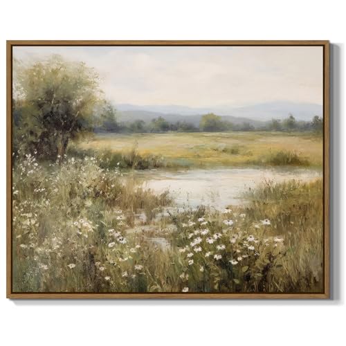 Vintage Landscape Wall Art Spring Wildflower Field Pictures Wall Decor Rustic River Pond Painting Prints Nature Wilderness Scenery Poster Framed for Bedroom Bathroom Home Kitchen Decoration 8x10 Inch - color: Rustic Pond River, size: 10"L x 8"W