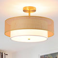 17.7" Gold Bohemian Wicker Flush Mount Ceiling Light, Hand-Woven Double Layer Drum Semi-Flush Fixture for Bedroom, Living Room, Dining Room, Hallway & Kitchen - color: 17.7'' Rattan&Fabric Gold