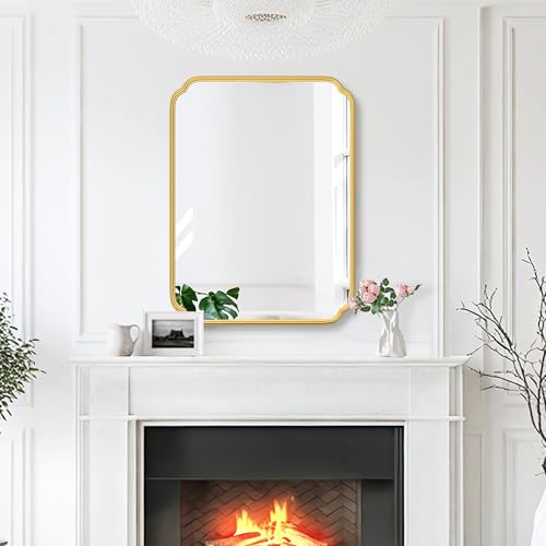 Ferytange 28"x36" Gold Bathroom Mirror with Rustproof Metal Frame, Modern Rounded Corner Wall Mirror for Vanity Over Sink, Horizontal/Vertical Hanging - color: Gold, size: 36"L x 28"W