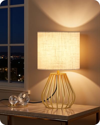 Gold Table Lamp, 12.6'' Small Table Lamp with Beige Linen Lampshade & Gold Cage Base, Modern Little Cute Desk Lamp, Bedside Lamp for Bedroom, Living Room, 2700K LED Bulb Included, DE06TL05 - color: Beige + Gold