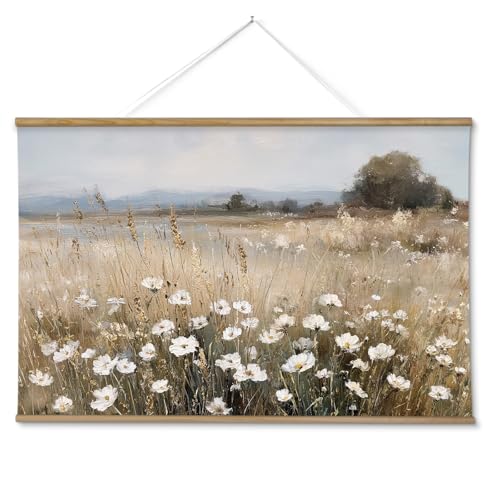 ARPEOTCY Extra Large Vintage Framed Wall Art, 36x54 Inch Wildflower Field Floral Landscape Hanging Canvas Prints Scroll Wall Art Decor for Living Room Bedroom, Retro Scenery Pictures Above of Bed - color: Yellow Wildflower Field