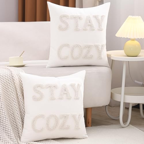 LUOYEHK Embroidered Stay Cozy Pillow Covers 18x18 Inch Decorative Throw Pillow Covers Natural Farmhouse White Square Pillow Cases Cushion Covers for Couch Bed Living Room Home Spring Decor (1 Piece) - color: Stay Cozy, size: 18" x 18" (Pack of 1)