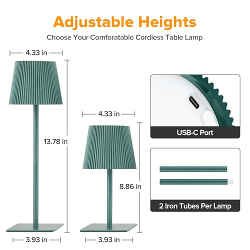 LUTEC 4 Pack Cordless Table Lamp,6000mAh Rechargeable Battery Operated Desk Lamp,Two Adjustable Heights,Waterproof, Touch Control & 3 Color Stepless Dimming for Restaurant/Bedroom/Bars/Outdoor (Green) - color: Green