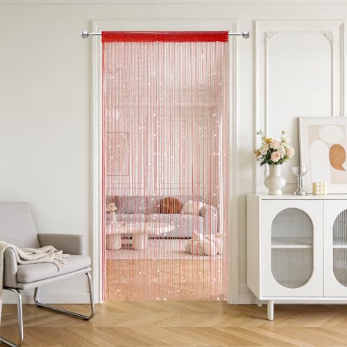 2 Pack 39 x 79 Inch String Curtains for Doorway, Home Decor Sequin Glitter String Curtain Boho Doors Tassel for Windows, Closet, Living Room, Bedroom, Hallway, Party (Red) - color: Red