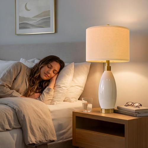 USumkky 24" White Oval Ceramic Table Lamp Set of 2, Modern Minimalist Bedside Nightstand Lamps for Bedroom Living Room, Linen Shade & Gold Metal Base, Rotary Switch E26 (Bulbs Excluded) - color: 24" Teardrop-2 Pack