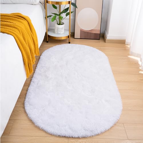 Goideal Fluffy Bedroom Rug, Small Oval Area Rugs, White Shag Bedside Carpet for Kids Room Nursery Dorm Cute Fuzzy Indoor Decor for Boy and Girl, 2.6 x 5.3 Feet - color: White