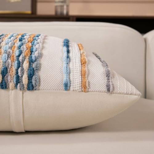 Boho Striped Throw Pillow Covers 18x18 Inch Set of 2 Farmhouse Square Decorative Pillow Covers Chenille Tufted Accent Neutral Pillowcase Caramel Brown Blue Cushion Cover for Couch Sofa Bed - color: Caramel Brown Blue