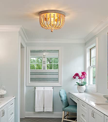 Q&S Boho Chandelier Wood Beaded Flush Mount Ceiling Light Fixtures for Nursery Baby Bedroom Kitchen Hallway,Oak White Finish,2-Lights - color: Ceiling-2OAK