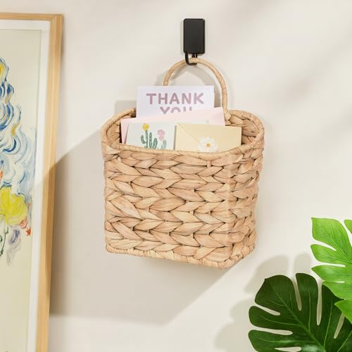 iEGrow Set of 2 Hanging Basket, Wicker Wall Basket Natural Water Hyacinth, Hanging Baskets for Organizing and Decor, Storage Baskets for Door Mounted Entryway Flower Mail Plant Garden - color: Natural, size: Square