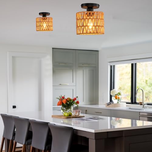 Ceiling Light Fixture,Hand-Woven Rattan Flush Mount Ceiling Light,Farmhouse Light Fixtures Ceiling Mount Boho for Hallway Bedroom Kitchen Entryway Living Room - color: 1 Pack Brown