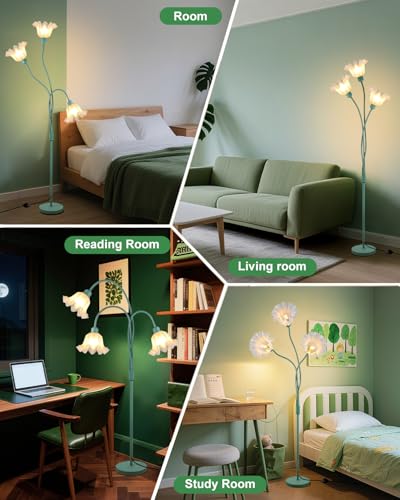 Flower Floor Lamp for Living Room, Modern Tree Floor Lamp with Adjustable Heads, 3 Light 3000K Soft Warmwhite Mid Century Standing Tall Lamp with 5Lbs Heavy Base for Bedroom Kids Room-Green - color: 3 Flower-Green Tree