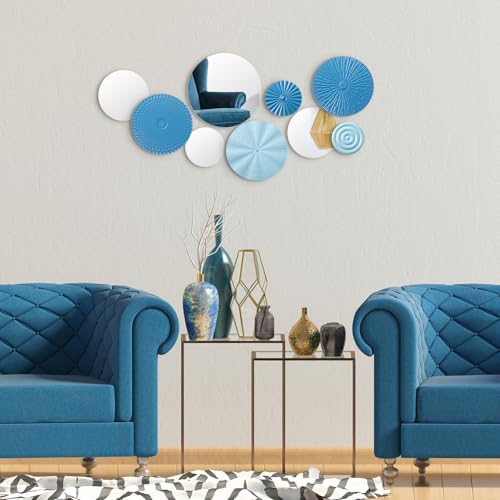 Blulu 9 Pcs Blue Mirror Wall Decor Metal Round Home Art Decor Decorative Modern Circle Mirror Wall Art Sculpture Hanging Decorations for Home Living Room Office - color: Blue