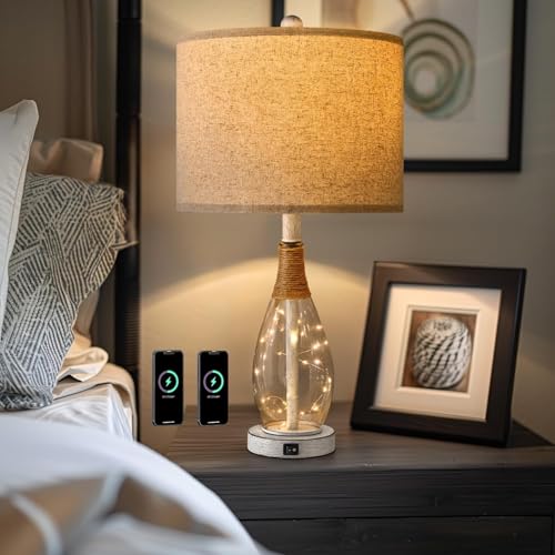 OYEARS 23" Table Lamps for Living Room Set of 2 Bedside Lamps for Night Stands Bedroom Lamps Farmhouse Rattan Boho Lamp Glass Nightlight End Table Lamp with USB C+A (White),Two Light Points - color: Washed White