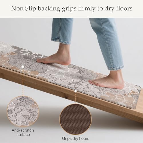 GENIMO Kitchen Mats for Floor, Kitchen Rugs Non Slip Washable Sets of 2, Waterproof Cushioned Anti Fatigue Mat, Floral Runner Rug for Laundry, Sink, Office, Home, 20"x32"+20"x48", Taupe Grey - color: Taupe Grey, size: 20"x32"+20"x48"