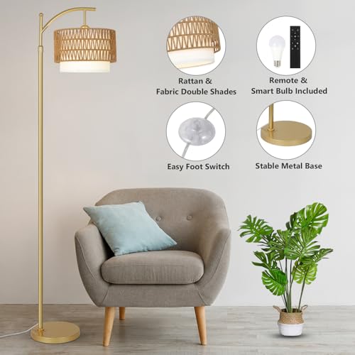 Gold Floor Lamps for Living Room with Remote & Dimmable LED Bulb, Modern Arc Floor Lamp with 3 Color Temperatures, Boho Standing Lamp with Rattan & Fabric Shades, Adjustable Tall Lamp for Bedroom - style: Rustic-Gold