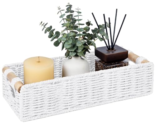 CubesLand Back of Toilet Storage Basket for Organizing w/Cut Out Handle, Handwoven Toilet Tank Top Paper Baskets, Small Wicker Decorative Basket for Countertop, Home, Living Room, Nursery, White - color: White, size: S-12.99" (L) X 6.29" (W) X 3.15" (H)