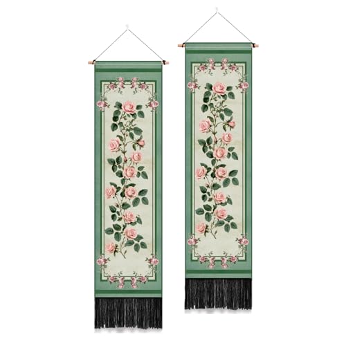 PLIGREAT 2 Pack Rose Corner Tapestry Vintage Vertical Green Wall Hanging with Tassels Aesthetic Wall Tapestry for Bedroom Bathroom Living Room Home Art Decor Housewarming Gift - color: pink,green