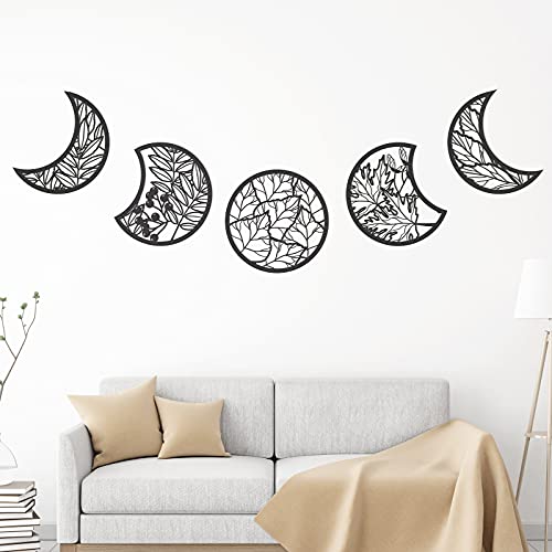 Jetec 5 Pcs Moon Phase Wall Art Decor Wall Pediments Hanging Wooden Phase Spiritual Bedroom Nordic Boho Lunar Aesthetic Art for Living Room Dorm Apartment Ornament(Black,10.6 Inch,Botanical) - color: Black, size: 10.6 Inch