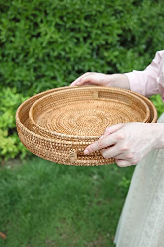 HITOMEN Hand-Woven Round Rattan Serving Tray Decorative Ottoman Wicker Platter with Handles for Coffee Table, Breakfast, Drinks, Snack, Bread, Fruit, Vegetables (Natural Set of 2: M+L) - color: Natural, size: Medium (11.8 inches)/Large (14.2 inches)